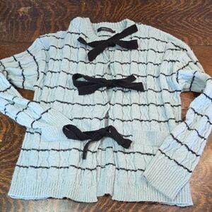 Striped Tie Front Cardigan Sweaters Crew Neck Long Sleeve Cable Knit Bow Knot